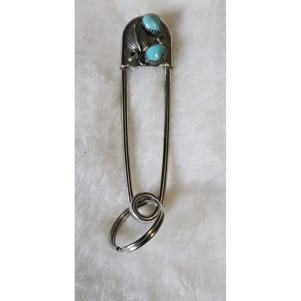Vtg Turquoise Large Safety Pin Keychain Native American Style 3 Inch